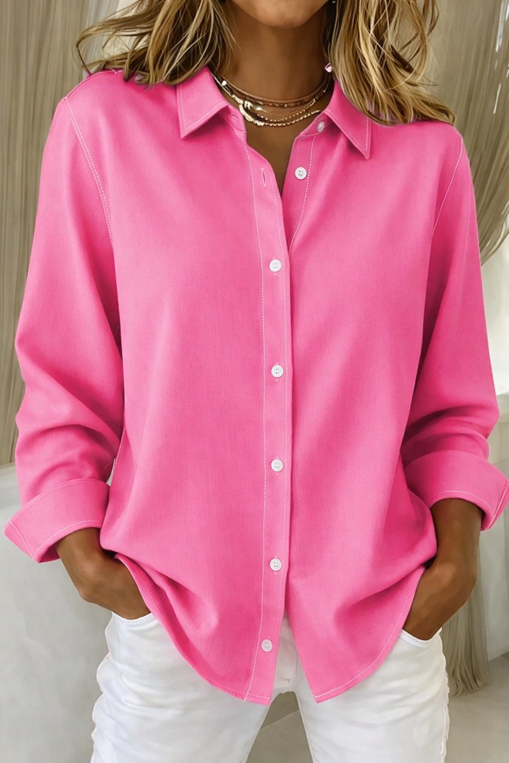 Holly | Women's Elegant Button-Front Blouse - Fuchsia