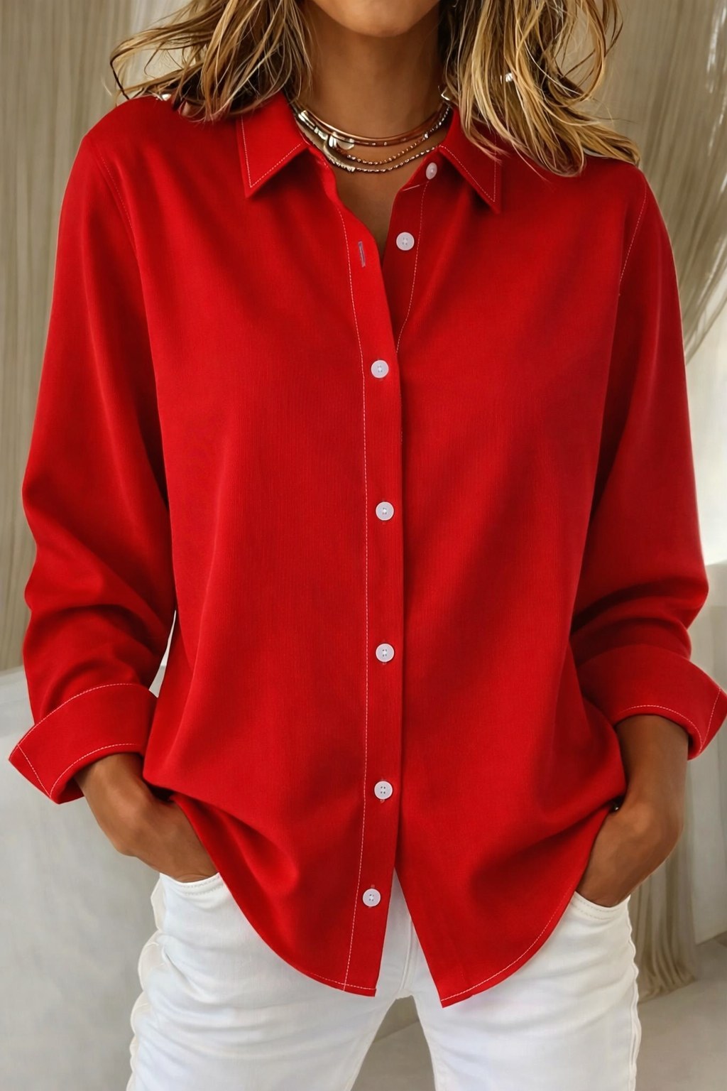 Holly | Women's Elegant Button-Front Blouse - Red