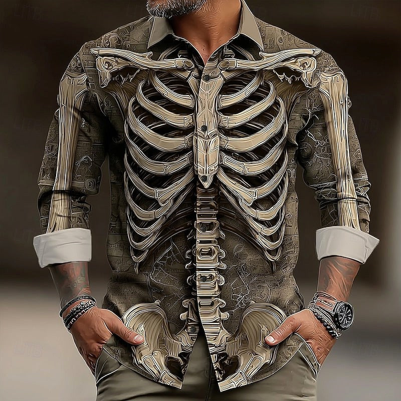 Hudson | Men's Skeleton Button-Up Shirt, Halloween Print Shirt | The Dress Cellar | Brown