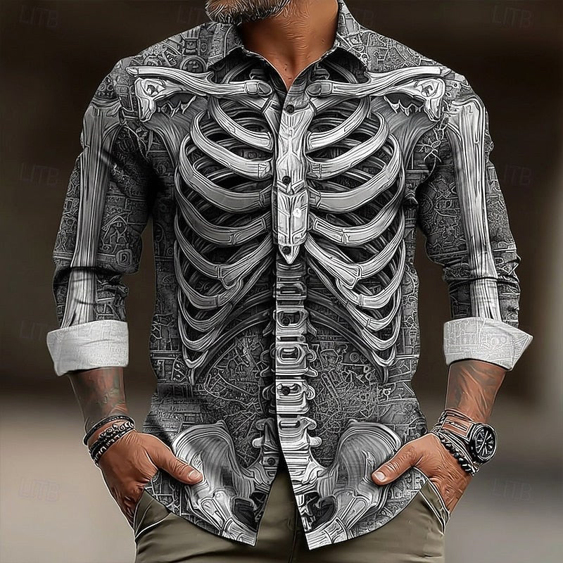 Hudson | Men's Skeleton Button-Up Shirt, Halloween Print Shirt | The Dress Cellar | Gray