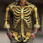Hudson | Men's Skeleton Button-Up Shirt, Halloween Print Shirt | The Dress Cellar | Gold