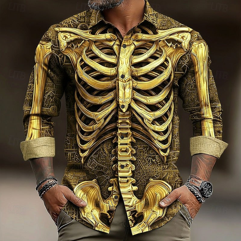 Hudson | Men's Skeleton Button-Up Shirt, Halloween Print Shirt | The Dress Cellar | Gold