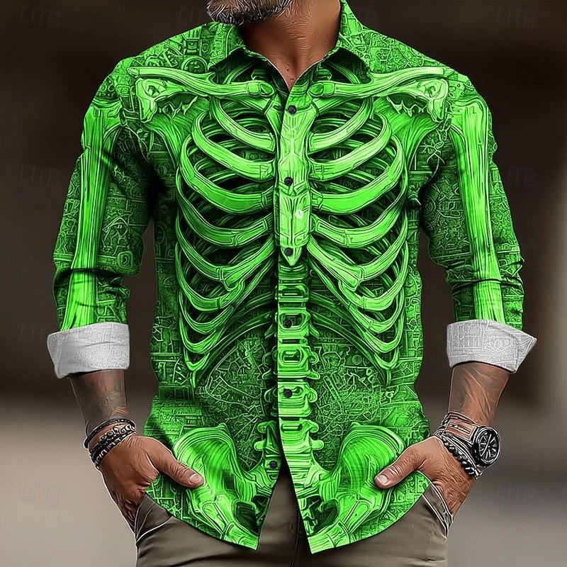 Hudson | Men's Skeleton Button-Up Shirt, Halloween Print Shirt | The Dress Cellar | Green