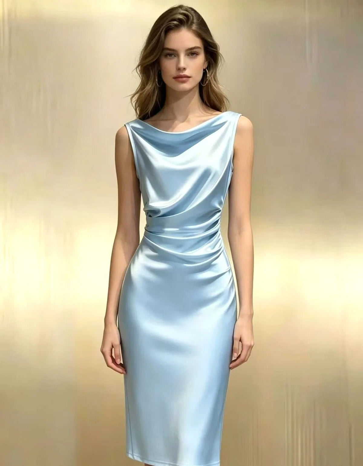 Ingrid | Women's Sleeveless Satin Midi Dress, Elegant Midi Dress | The Dress Cellar