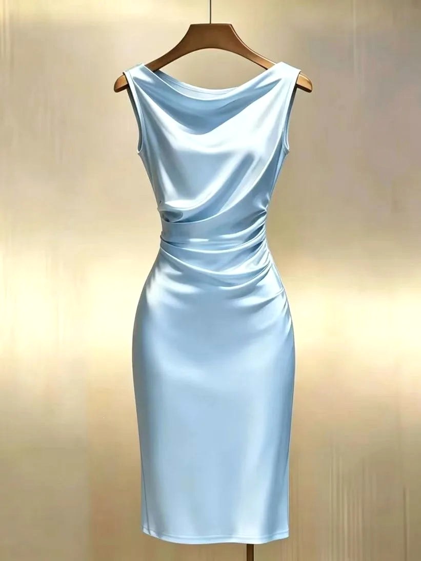 Ingrid | Women's Sleeveless Satin Midi Dress, Elegant Midi Dress | The Dress Cellar