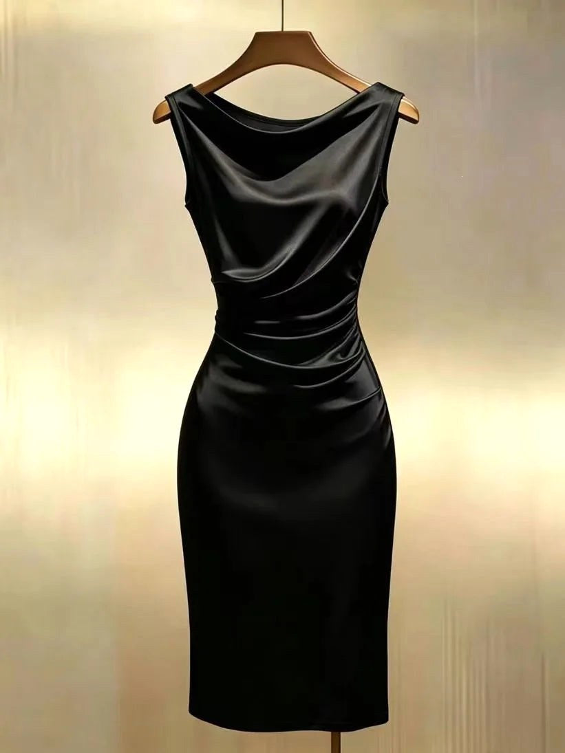 Ingrid | Women's Sleeveless Satin Midi Dress, Elegant Midi Dress | The Dress Cellar