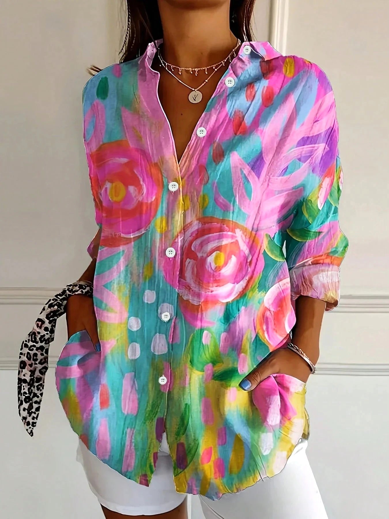 Isabella | Women's Colorful Printed Short Sleeve Blouse - Pink