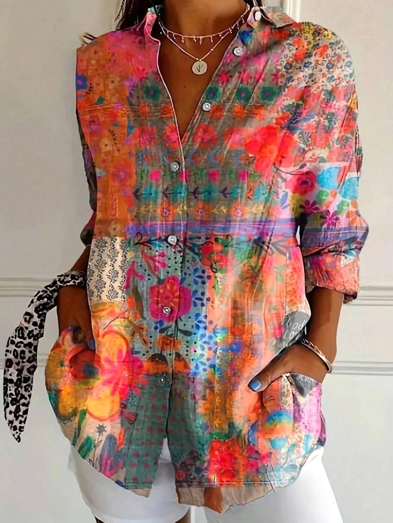 Isabella | Women's Colorful Printed Short Sleeve Blouse - Orange