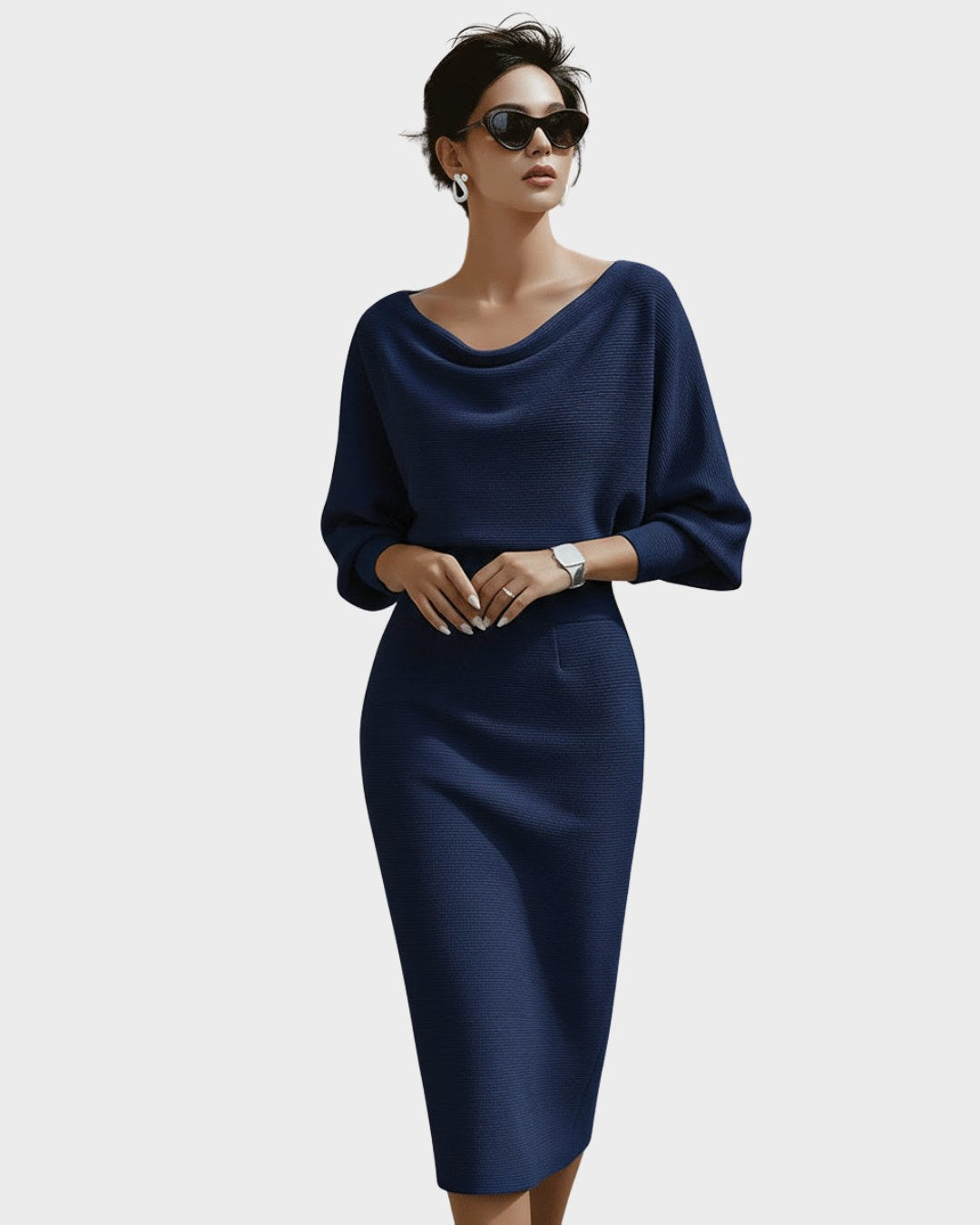 Isabella | Women's White Draped Batwing Midi Dress - Black (Almost Sold Out