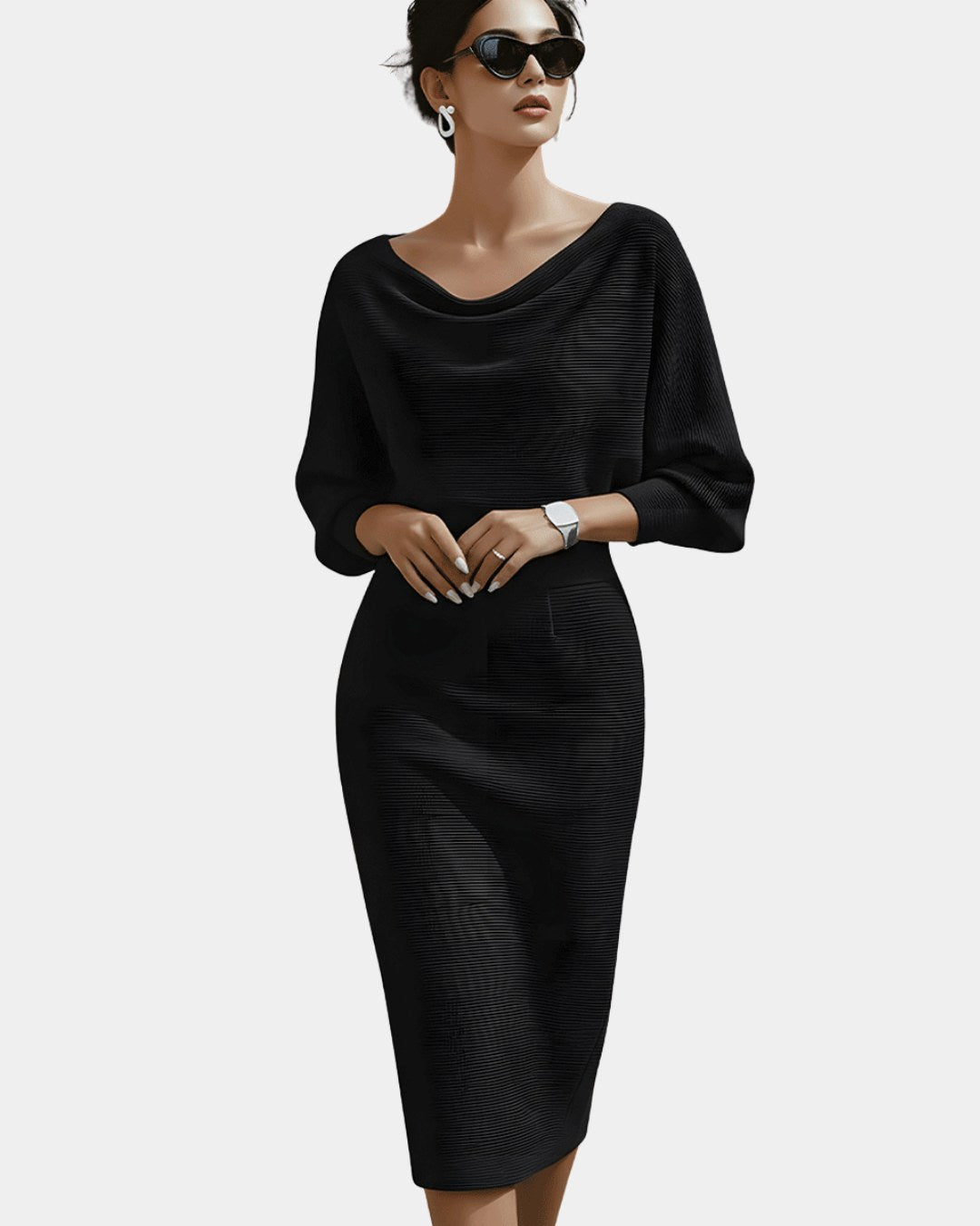 Isabella | Women's White Draped Batwing Midi Dress - Grey