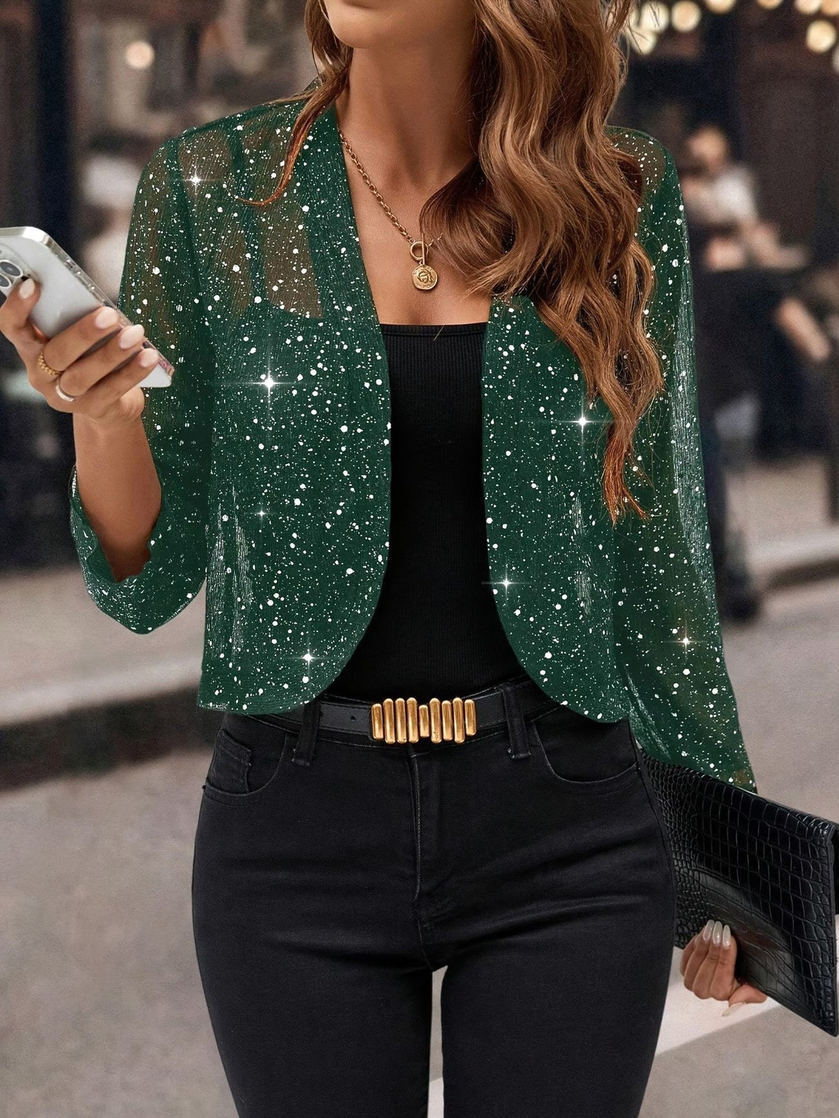 Isabelle | Women's Sequin Cardigan Jacket, Glitter Evening Jacket | The Dress Cellar | Black