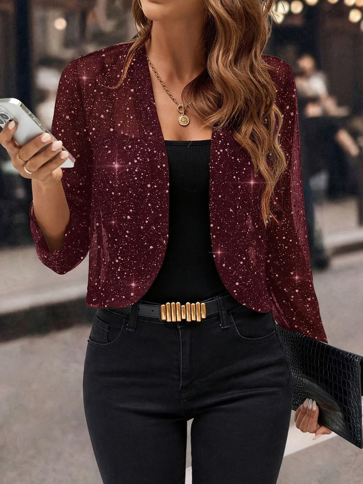 Isabelle | Women's Sequin Cardigan Jacket, Glitter Evening Jacket | The Dress Cellar | Burgundy