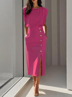 Isabelle | Women's Sleeveless Midi Dress with Button Front, A-Line Midi Dress | The Dress Cellar | Light Pink