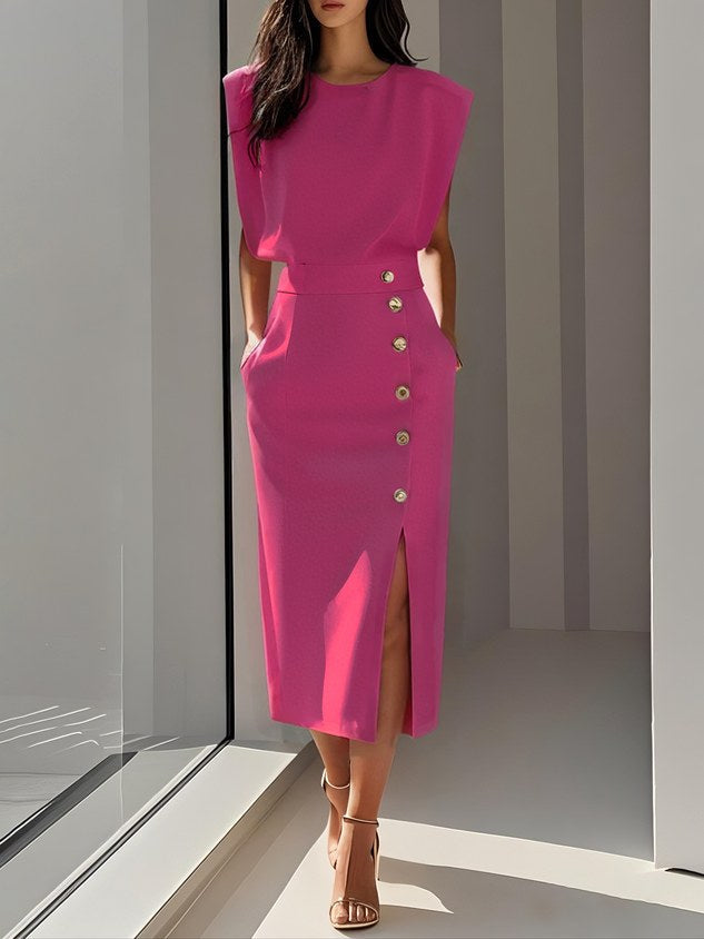 Isabelle | Women's Sleeveless Midi Dress with Button Front, A-Line Midi Dress | The Dress Cellar | Light Pink