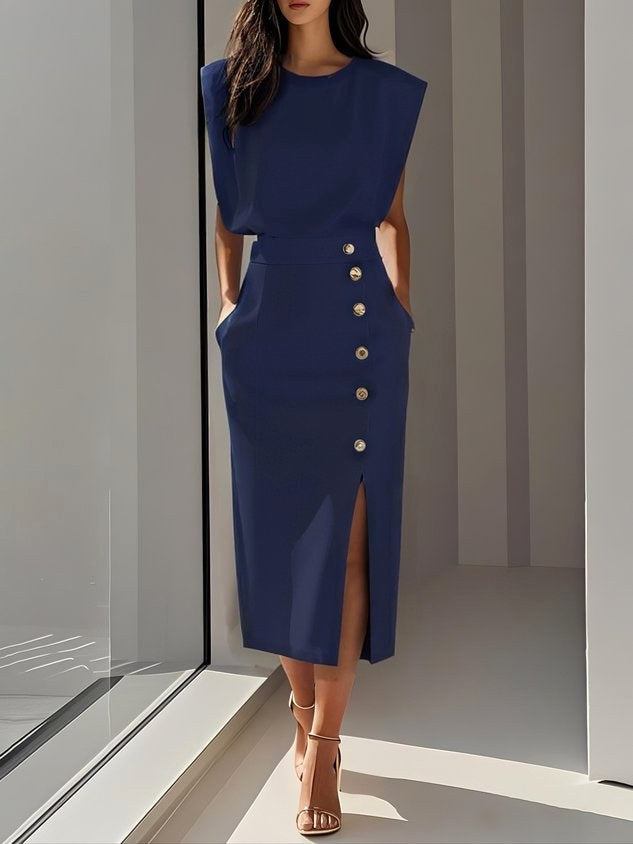 Isabelle | Women's Sleeveless Midi Dress with Button Front, A-Line Midi Dress | The Dress Cellar | Blue