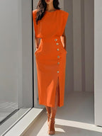 Isabelle | Women's Sleeveless Midi Dress with Button Front, A-Line Midi Dress | The Dress Cellar | Orange