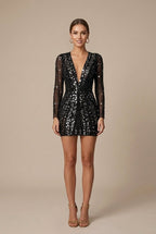 Nicole | Women's Sequin Mini Dress, V-Neck Evening Dress | The Dress Cellar