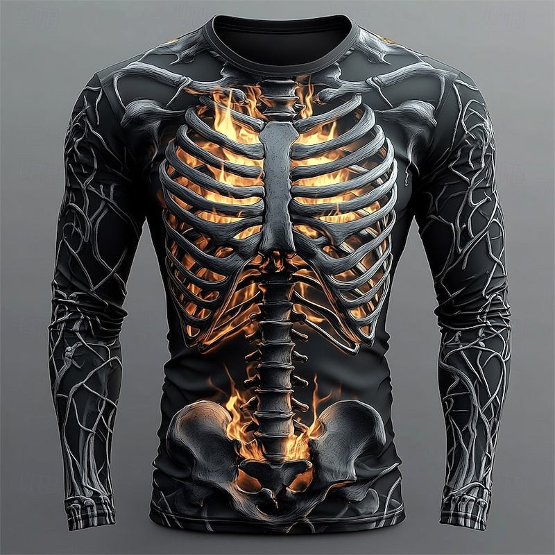 Jackson | Men's Long-Sleeve Skeleton Flame Shirt, Halloween Graphic Tee | The Dress Cellar | Black 1