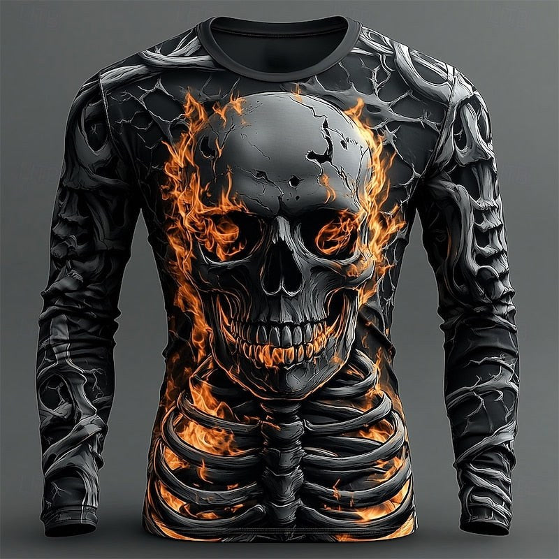 Jackson | Men's Long-Sleeve Skeleton Flame Shirt, Halloween Graphic Tee | The Dress Cellar | Black 2