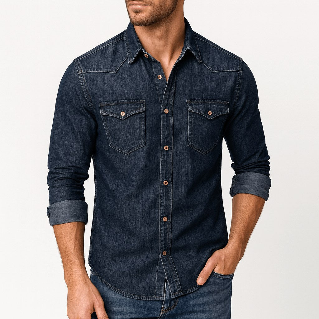 Mitchell | Men's Denim Shirt with Classic Collar, Button-Up Denim Shirt | The Dress Cellar