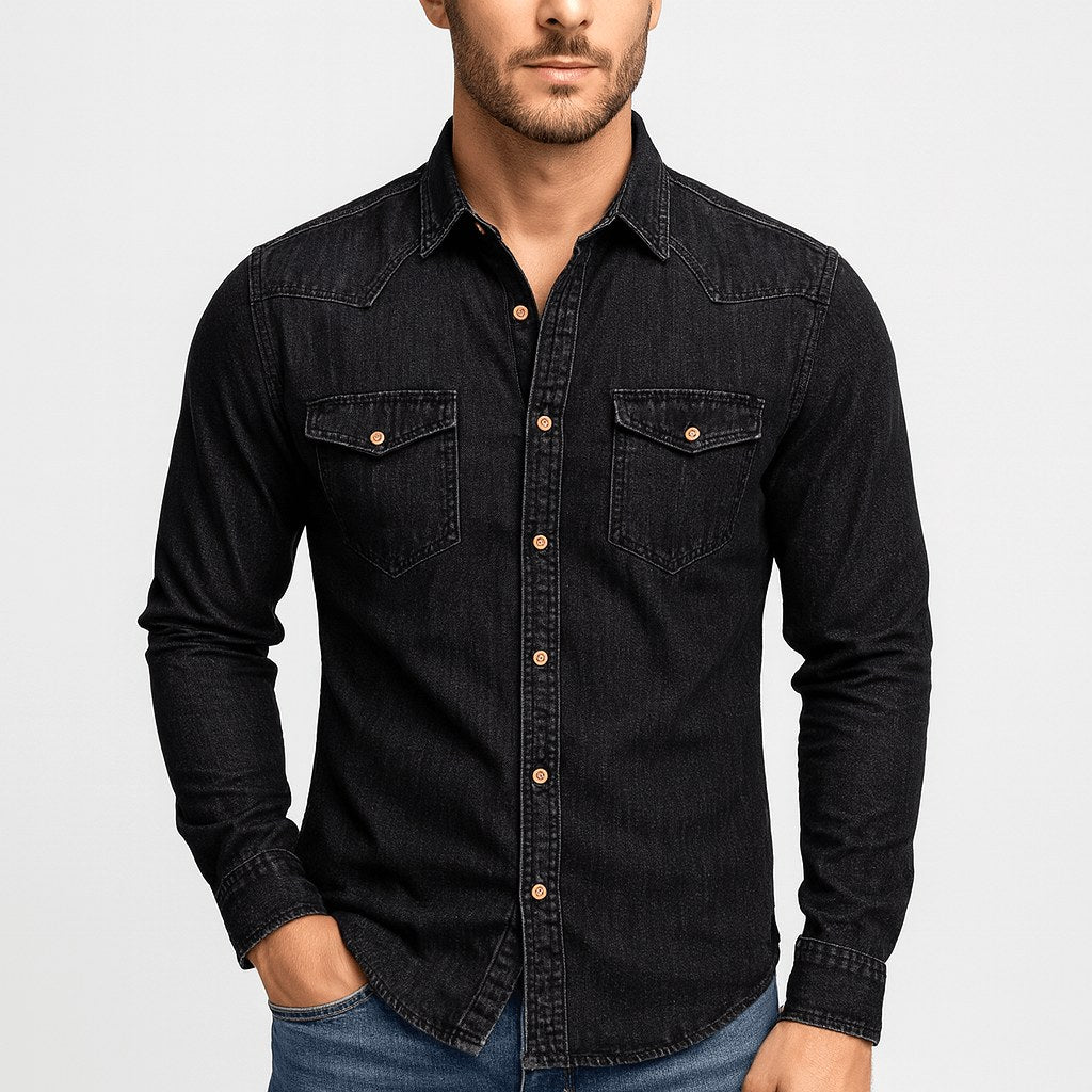 Mitchell | Men's Denim Shirt with Classic Collar, Button-Up Denim Shirt | The Dress Cellar