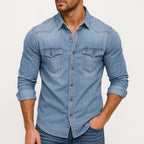 Mitchell | Men's Denim Shirt with Classic Collar, Button-Up Denim Shirt | The Dress Cellar