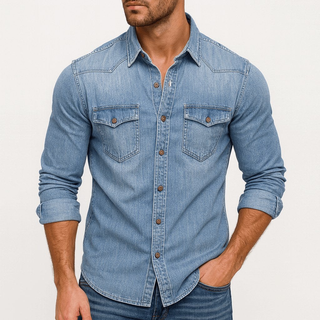 Mitchell | Men's Denim Shirt with Classic Collar, Button-Up Denim Shirt | The Dress Cellar