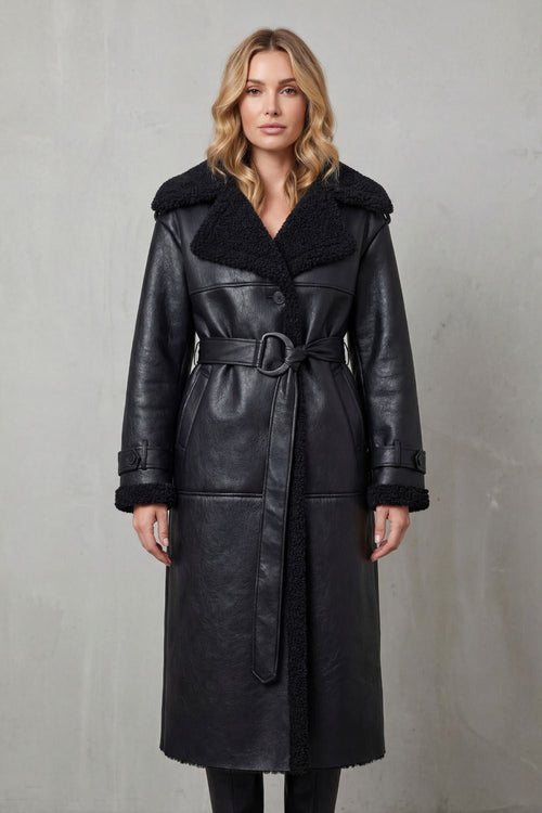 Angela | Women's Long Black Aviator Coat with Teddy Collar, Warm Winter Jacket | The Dress Cellar | Black