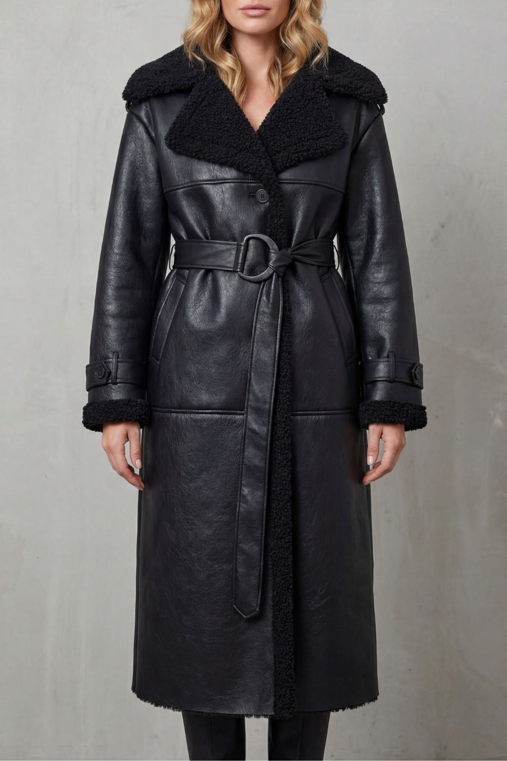 Angela | Women's Long Black Aviator Coat with Teddy Collar, Warm Winter Jacket | The Dress Cellar