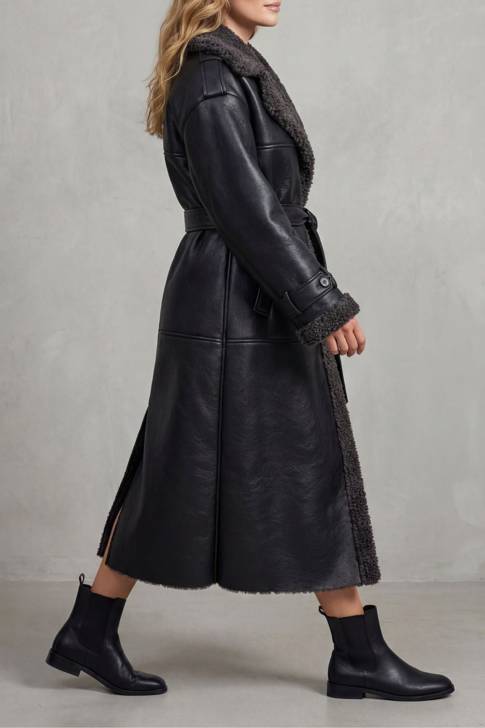 Angela | Women's Long Black Aviator Coat with Teddy Collar, Warm Winter Jacket | The Dress Cellar
