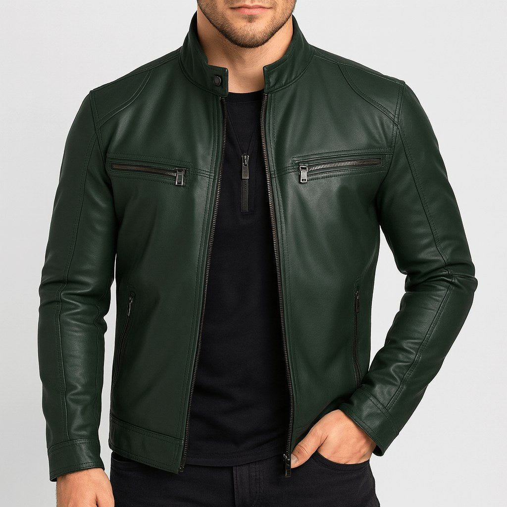 Kevin | Men's Leather Motorcycle Jacket, Stand Collar Biker Jacket | The Dress Cellar