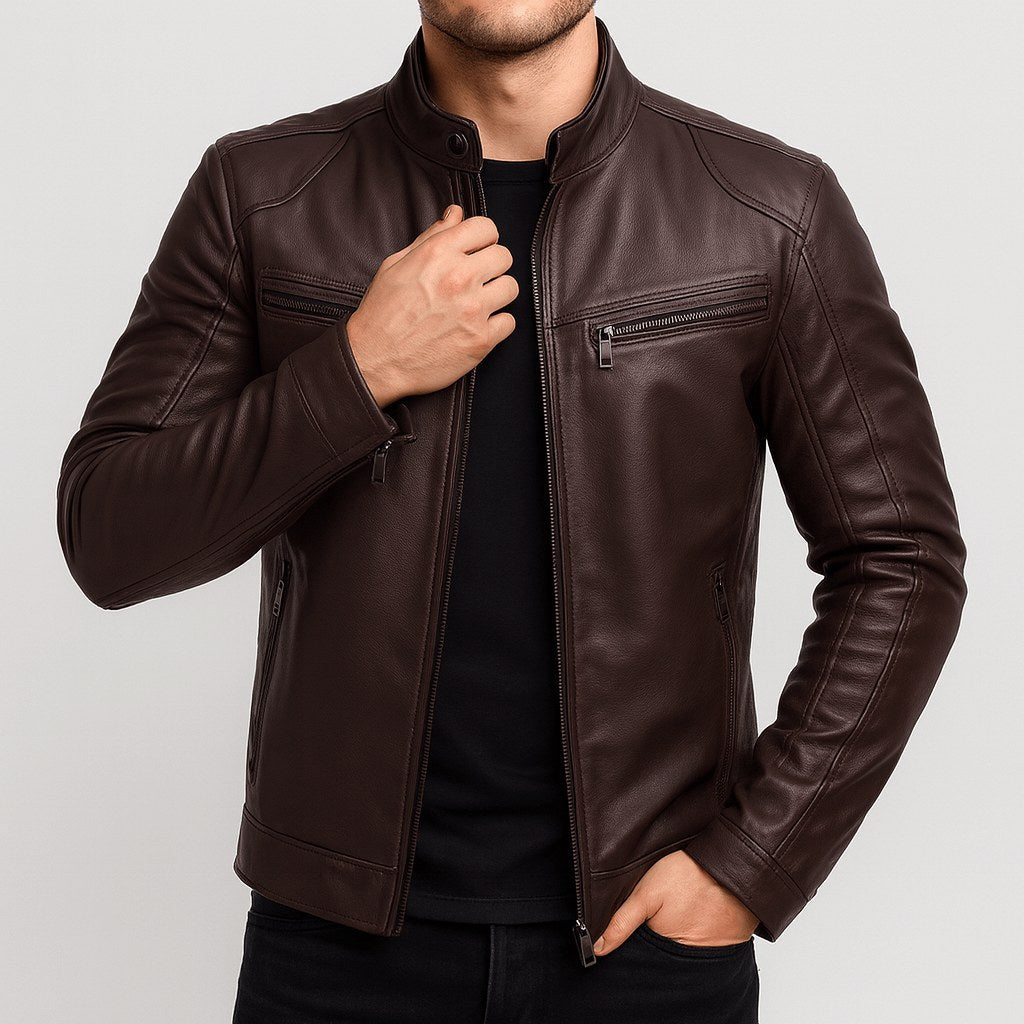 Kevin | Men's Leather Motorcycle Jacket, Stand Collar Biker Jacket | The Dress Cellar