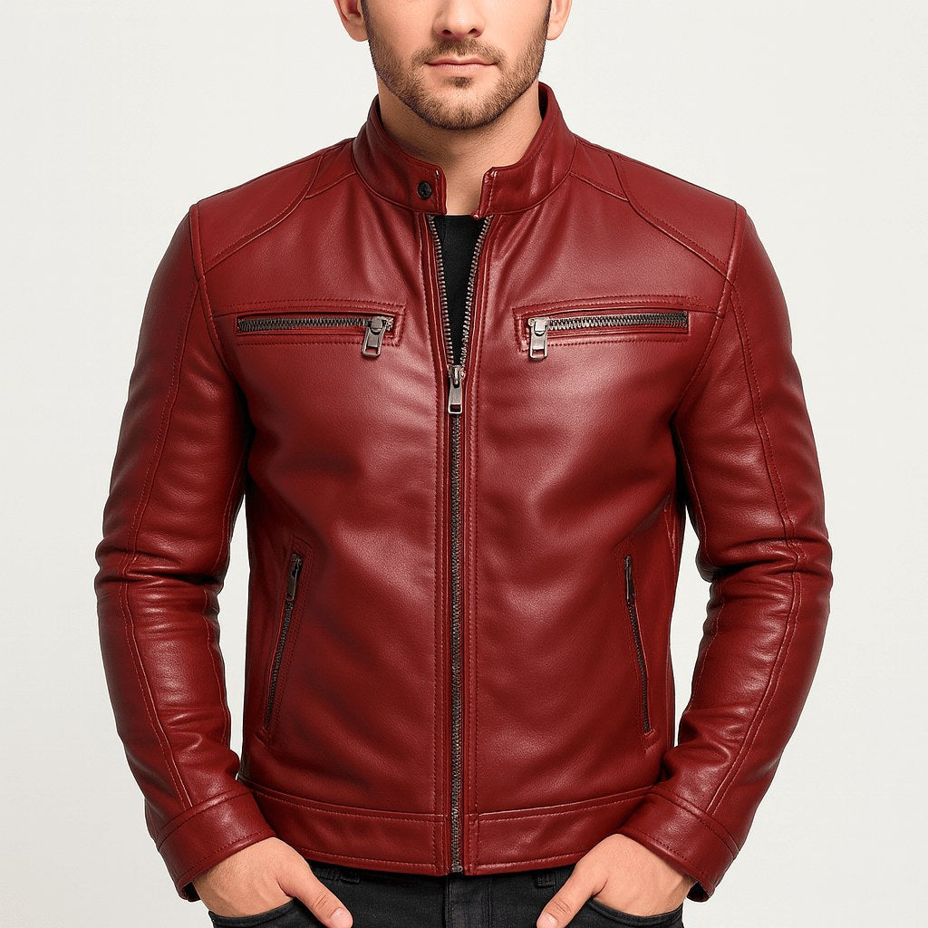 Kevin | Men's Leather Motorcycle Jacket, Stand Collar Biker Jacket | The Dress Cellar