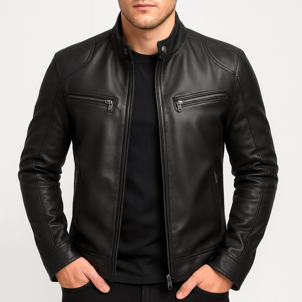 Kevin | Men's Leather Motorcycle Jacket, Stand Collar Biker Jacket | The Dress Cellar
