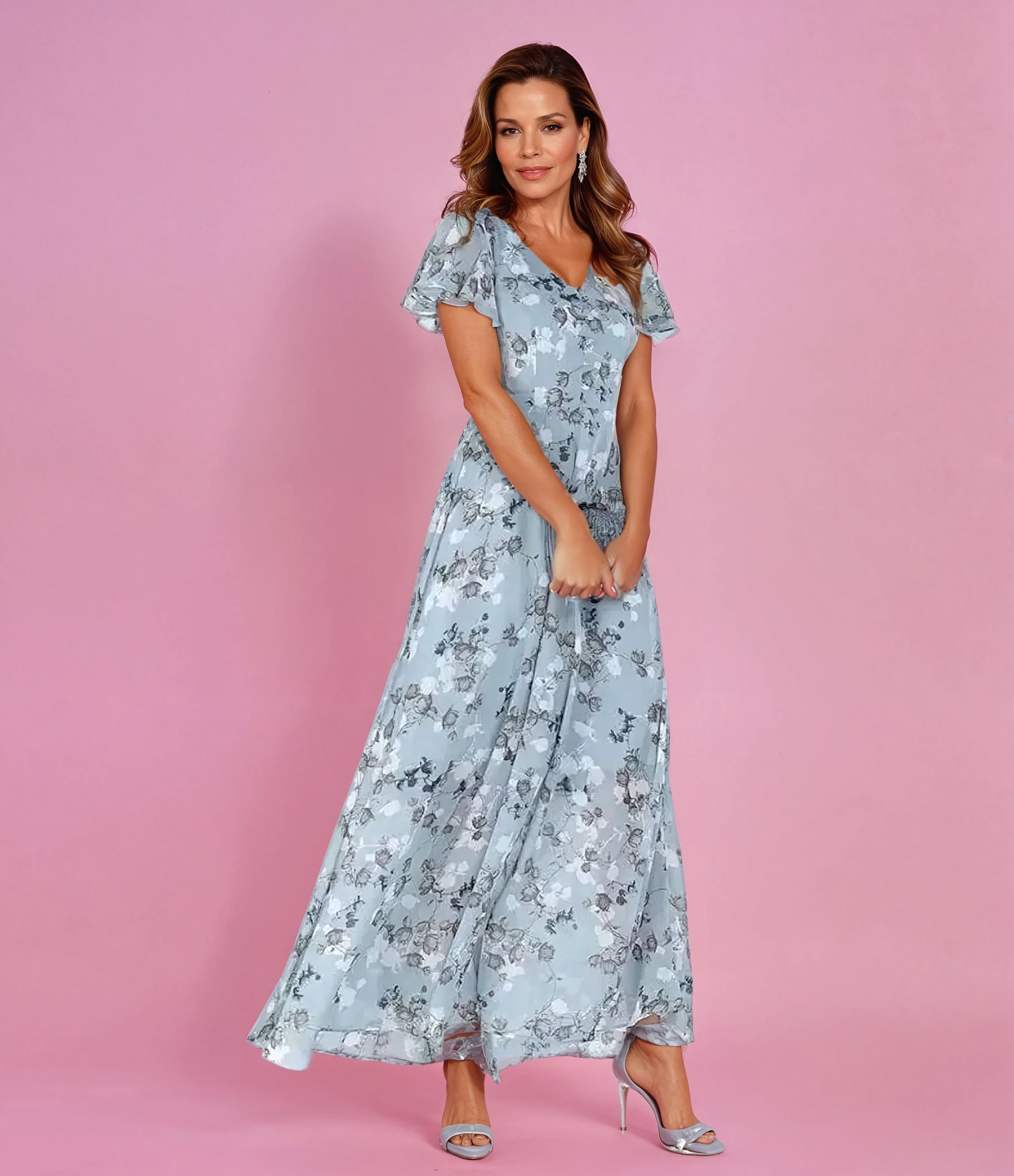 Jasmine | Women's Elegant V-Neck Midi Dress - Light blue