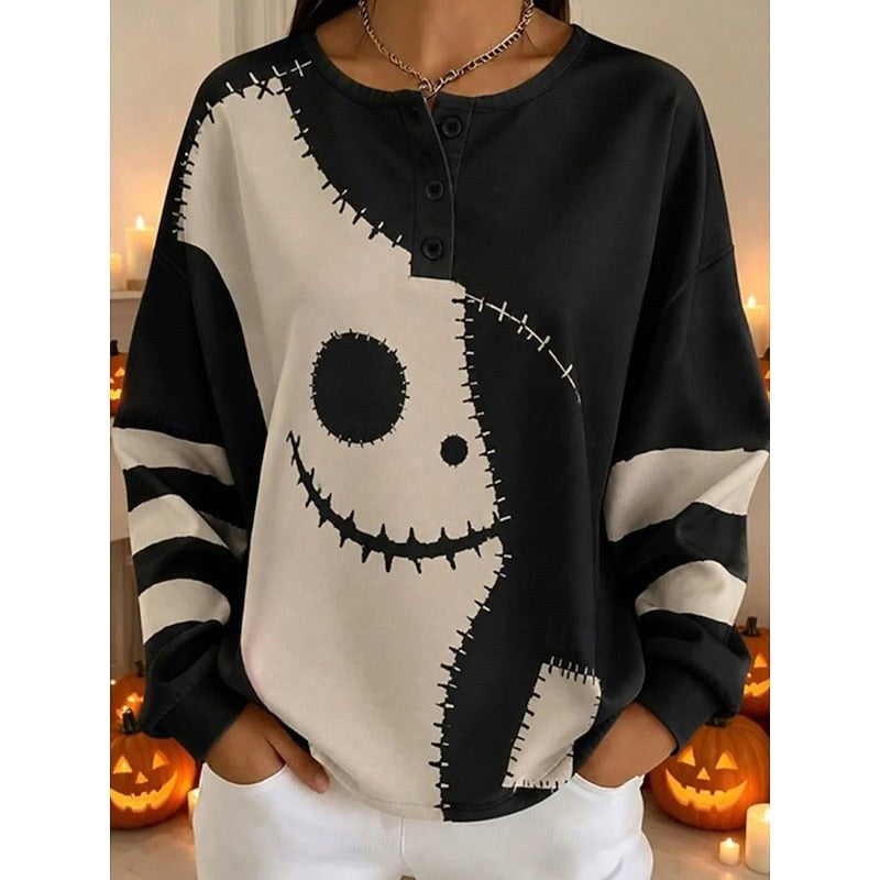 Jenna | Women's Halloween Graphic Crew-Neck Sweatshirt, Festive Graphic Sweater | The Dress Cellar | Black