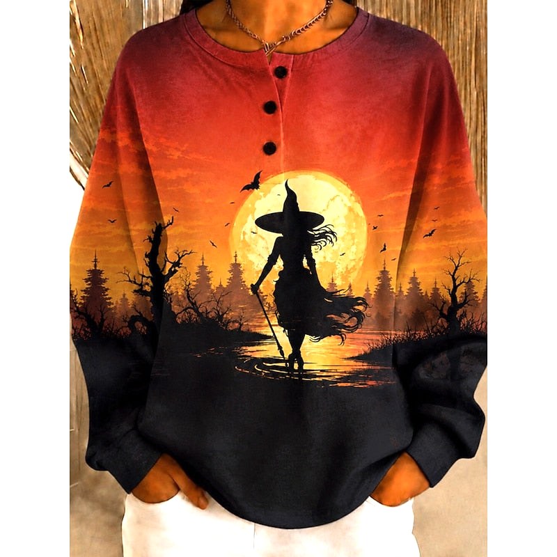 Jenna | Women's Halloween Graphic Crew-Neck Sweatshirt, Festive Graphic Sweater | The Dress Cellar | Orange