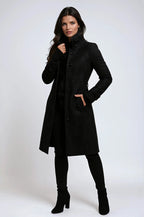 Crystal | Women's Tailored Wool-Blend Winter Coat with High Collar, Knee-Length Fall Coat | The Dress Cellar