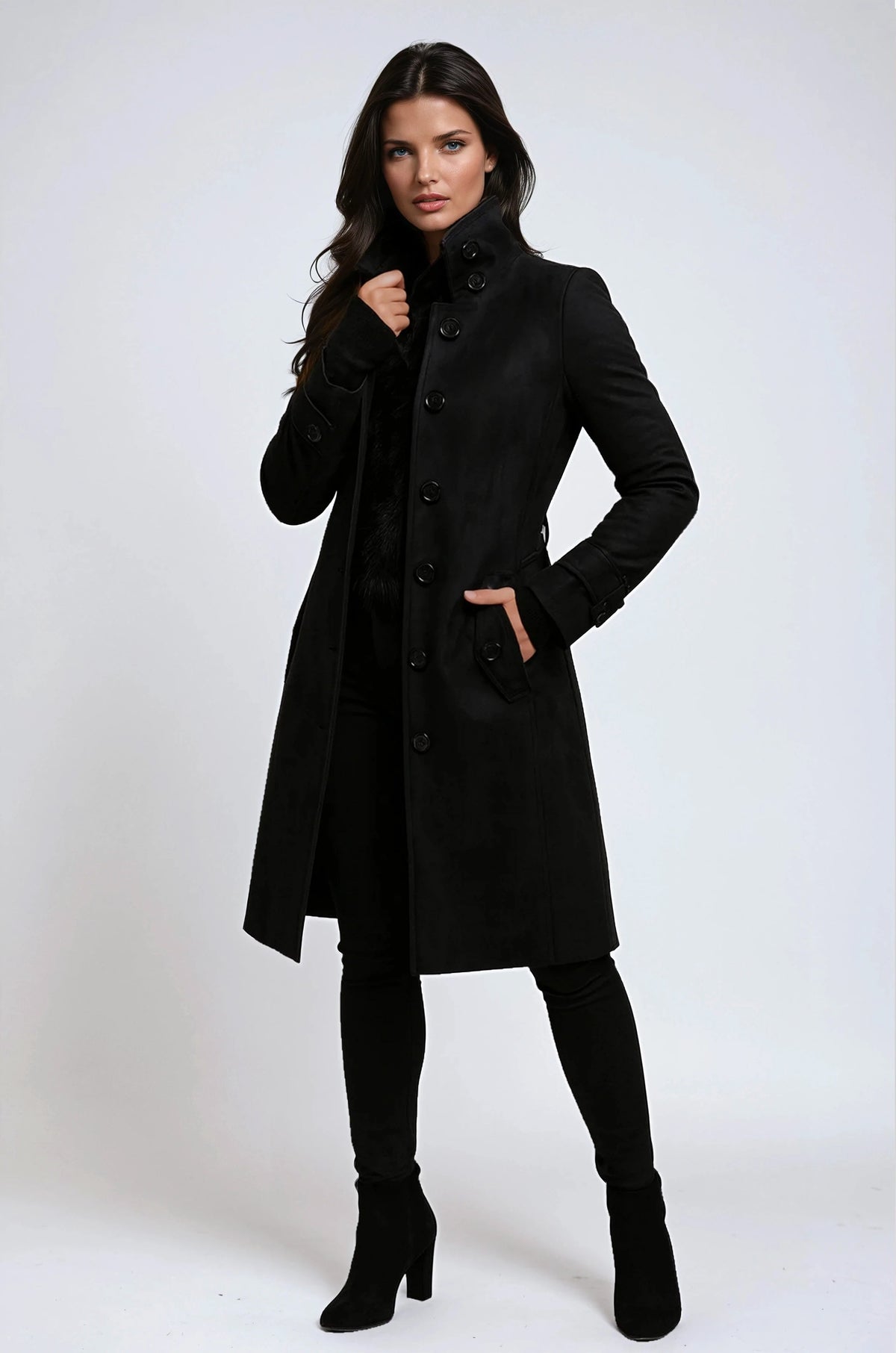 Crystal | Women's Tailored Wool-Blend Winter Coat with High Collar, Knee-Length Fall Coat | The Dress Cellar