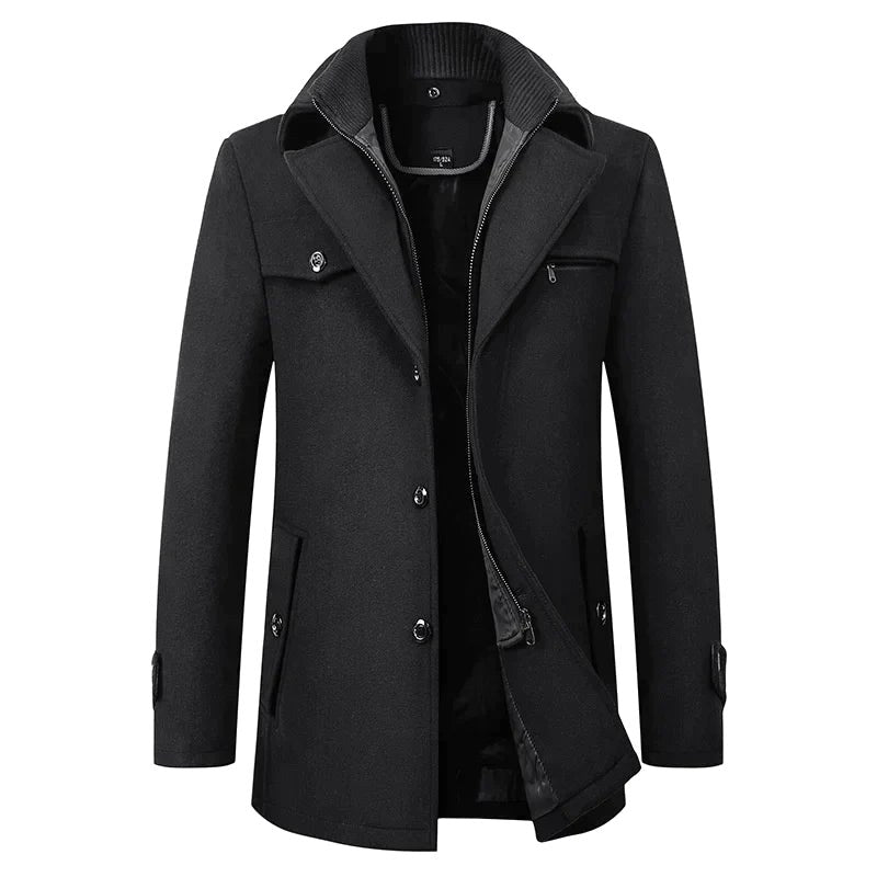 Jonathan | Men's Mid-Length Pea Coat, Notched Lapel Autumn Coat | The Dress Cellar | Black