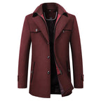 Jonathan | Men's Mid-Length Pea Coat, Notched Lapel Autumn Coat | The Dress Cellar | Maroon
