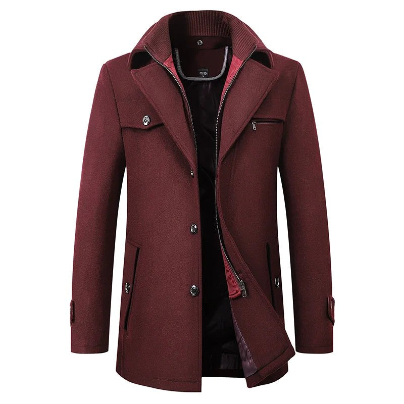 Jonathan | Men's Mid-Length Pea Coat, Notched Lapel Autumn Coat | The Dress Cellar | Maroon