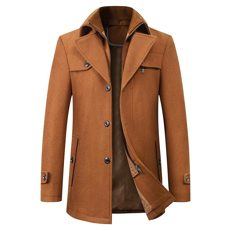 Jonathan | Men's Mid-Length Pea Coat, Notched Lapel Autumn Coat | The Dress Cellar | Brown