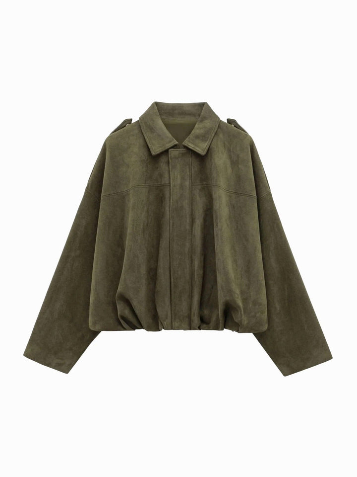 Josette | Women's Faux Suede Collared Bomber Jacket, Structured Collar Jacket | The Dress Cellar | Green