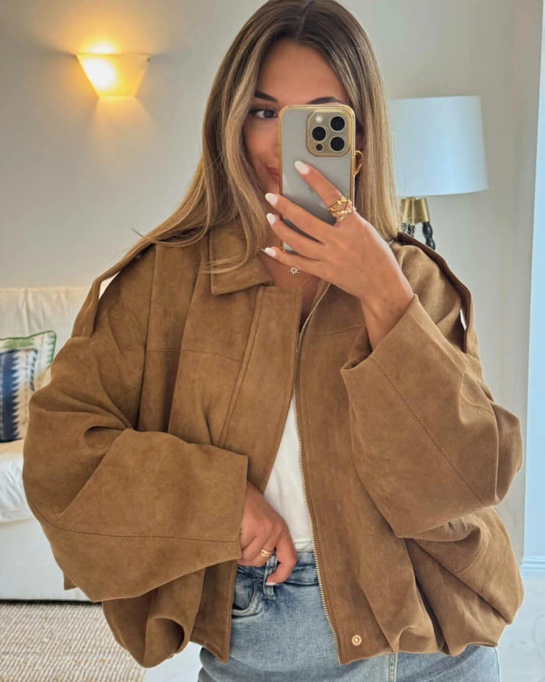 Josette | Women's Faux Suede Collared Bomber Jacket, Structured Collar Jacket | The Dress Cellar