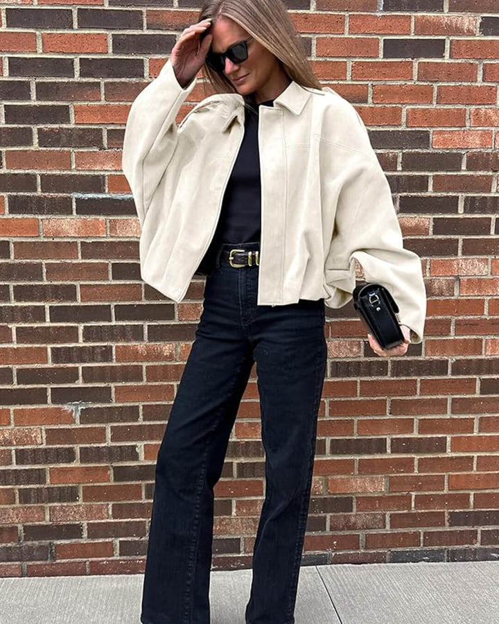 Josette | Women's Faux Suede Collared Bomber Jacket, Structured Collar Jacket | The Dress Cellar