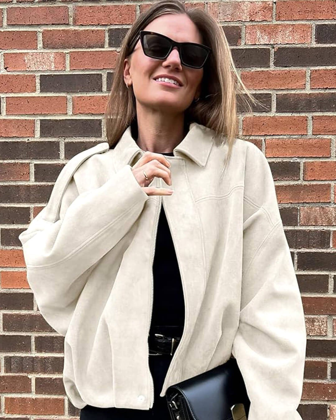 Josette | Women's Faux Suede Collared Bomber Jacket, Structured Collar Jacket | The Dress Cellar