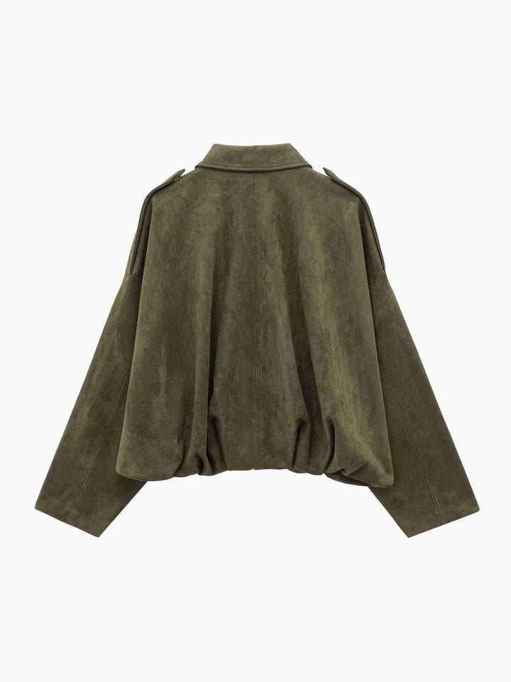 Josette | Women's Faux Suede Collared Bomber Jacket, Structured Collar Jacket | The Dress Cellar | Brown