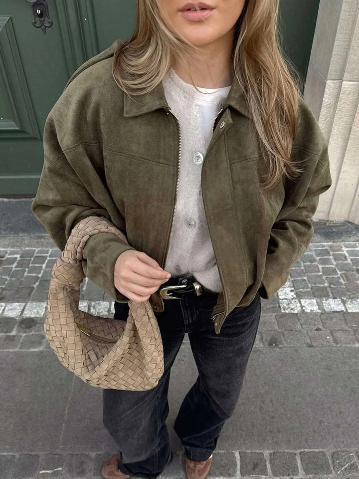 Josette | Women's Faux Suede Collared Bomber Jacket, Structured Collar Jacket | The Dress Cellar | Khaki