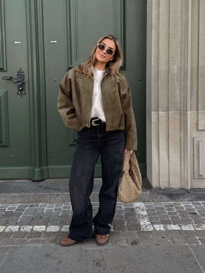Josette | Women's Faux Suede Collared Bomber Jacket, Structured Collar Jacket | The Dress Cellar | White